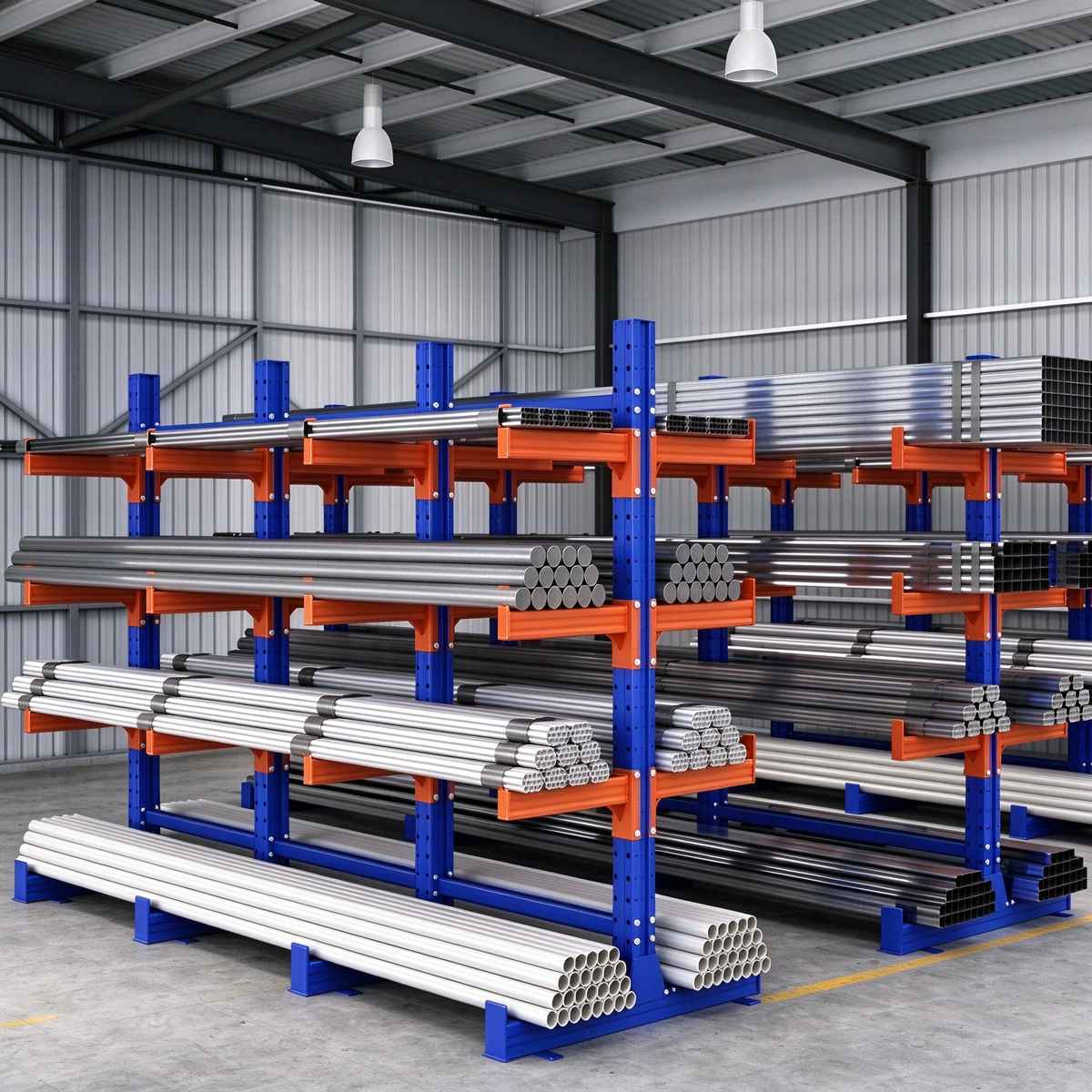 Adjustable double side cantilever racking for steel bars and timber planks